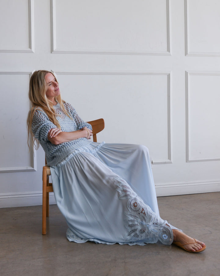 Hand Painted Lace Stitch Pullover | Dusty Blue