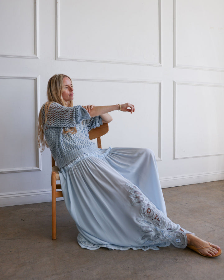 Hand Painted Lace Stitch Pullover | Dusty Blue