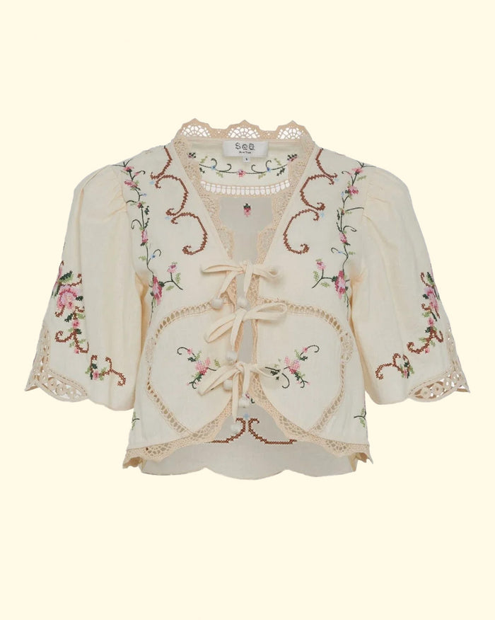 Edwina Embroidery Tie Front Top | White