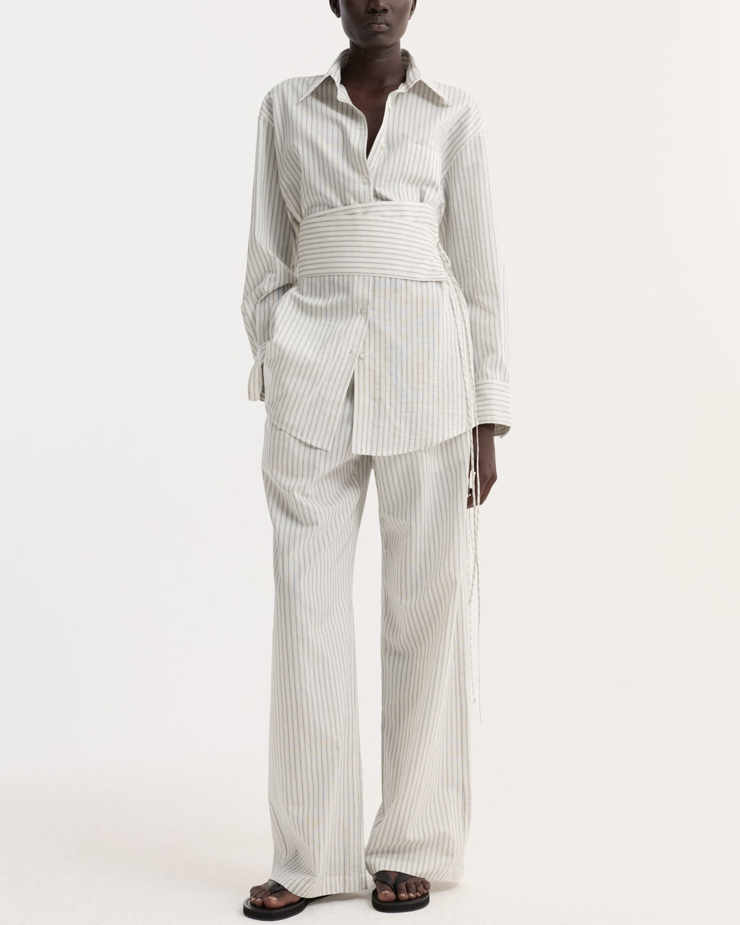 Silk Stripe Belted Shirt | Fine Stripe