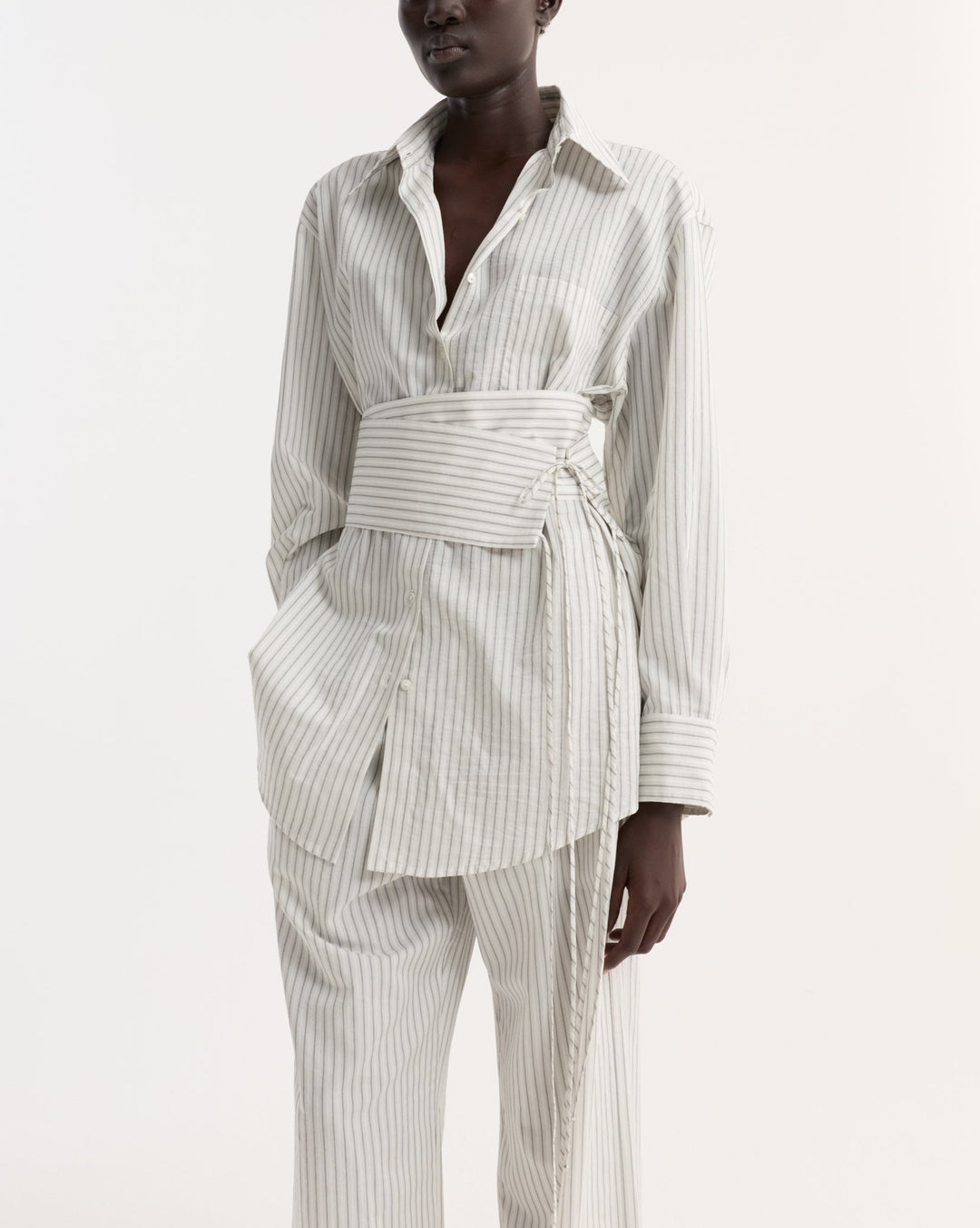 Silk Stripe Belted Shirt | Fine Stripe