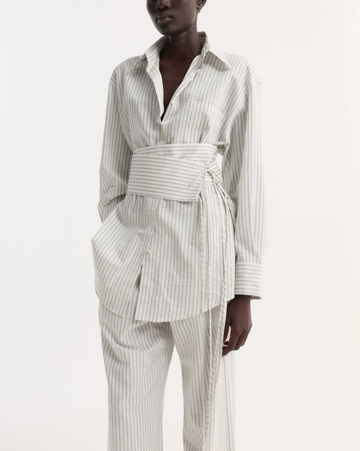 Silk Stripe Belted Shirt | Fine Stripe