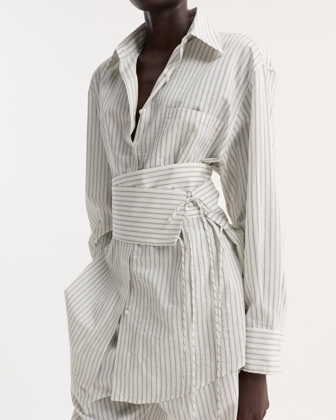 Silk Stripe Belted Shirt | Fine Stripe