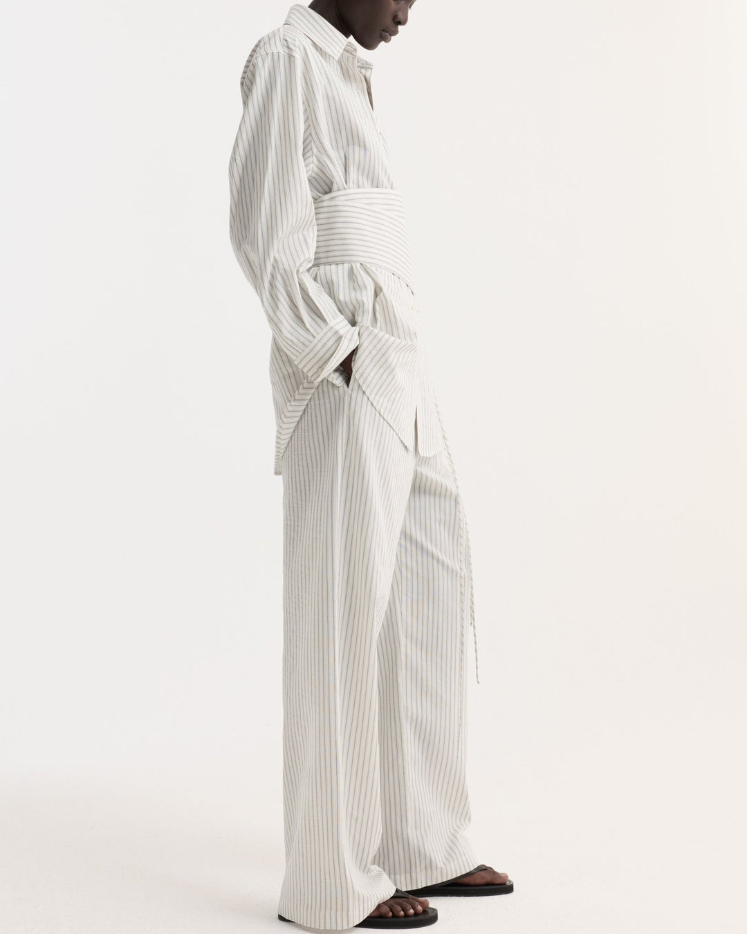 Silk Stripe Belted Shirt | Fine Stripe