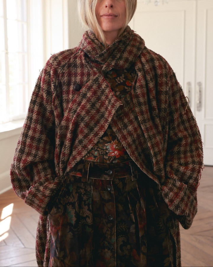 Double Breasted Coat with Scarf | Khaki/Red Check