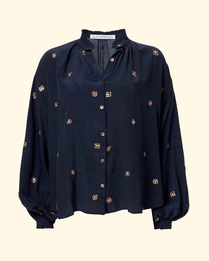 Poet Casino Night Blouse | Blue Flower