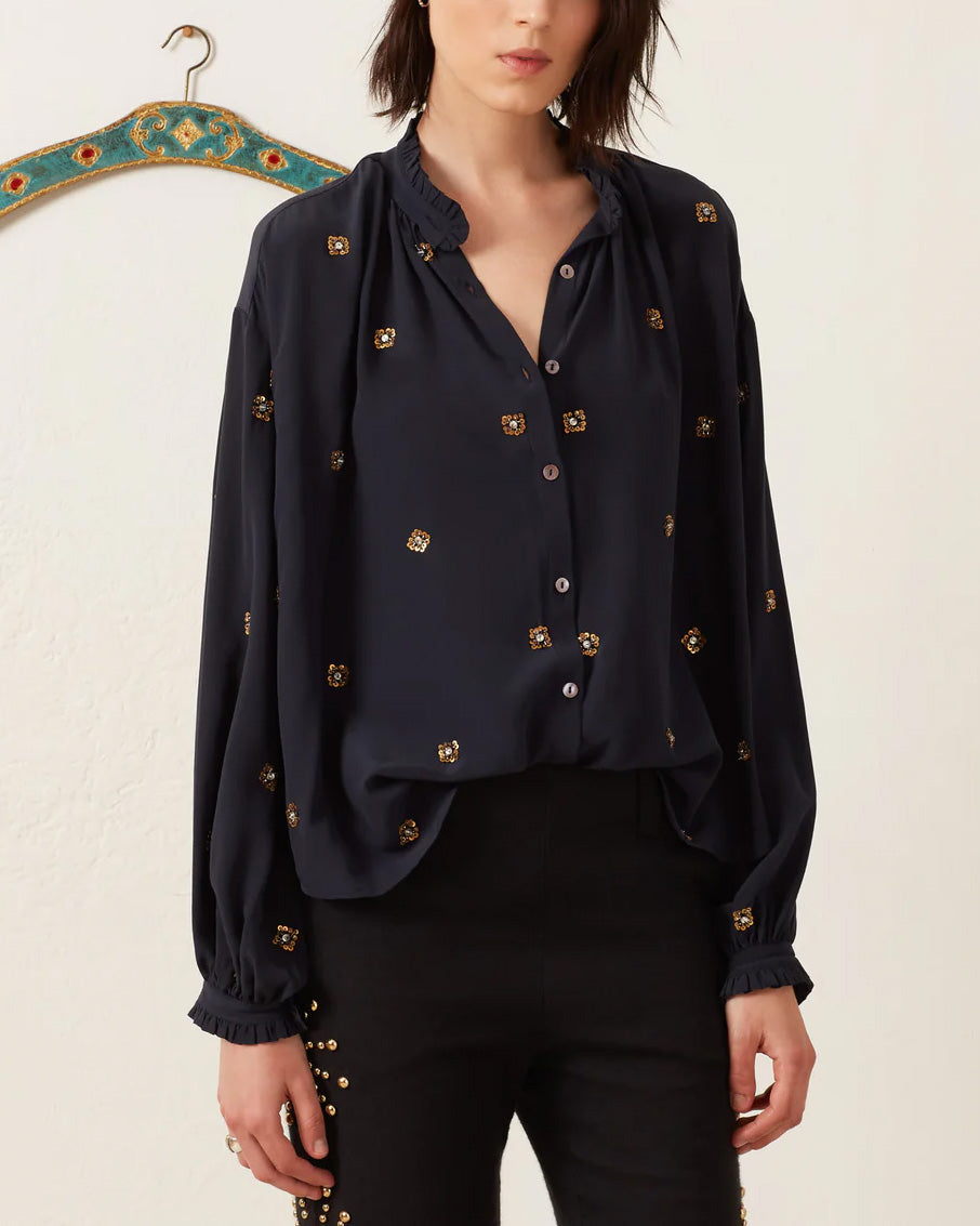 Poet Casino Night Blouse | Blue Flower