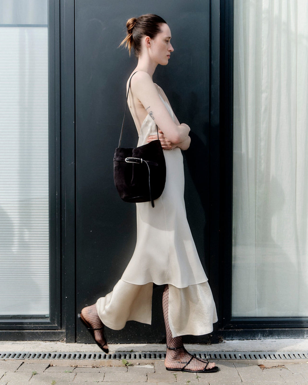 Belted Bucket Bag | Black Suede