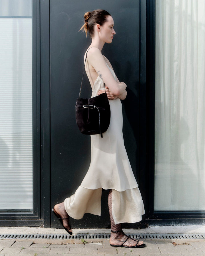 Belted Bucket Bag | Black Suede