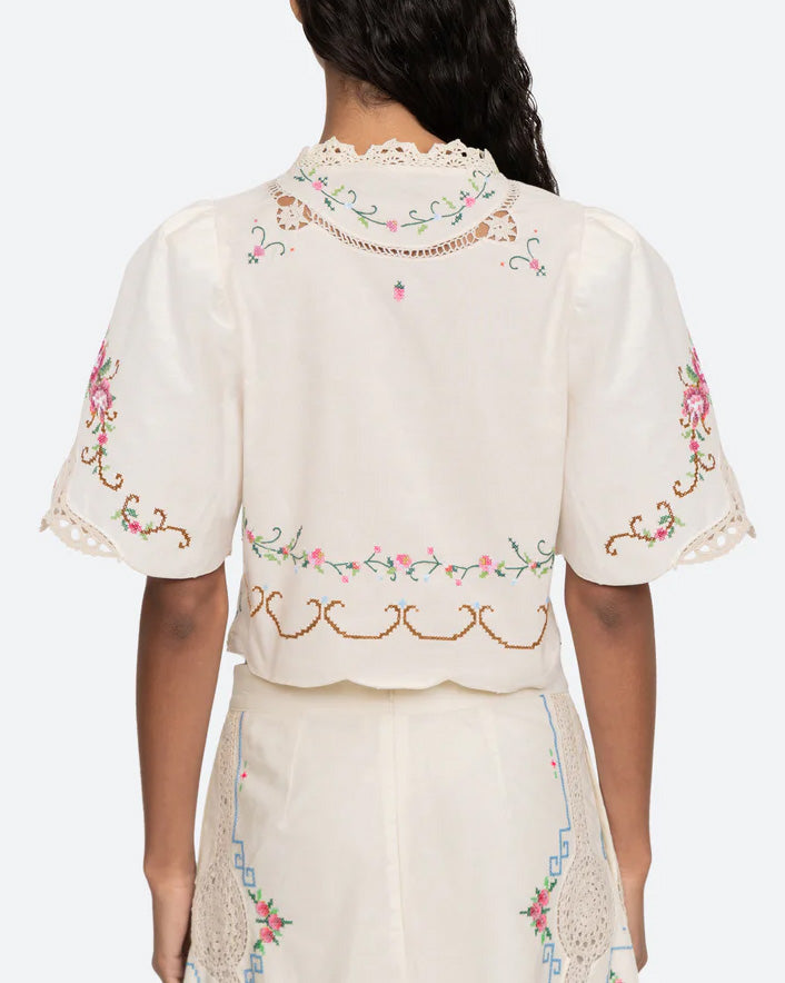 Edwina Embroidery Tie Front Top | White