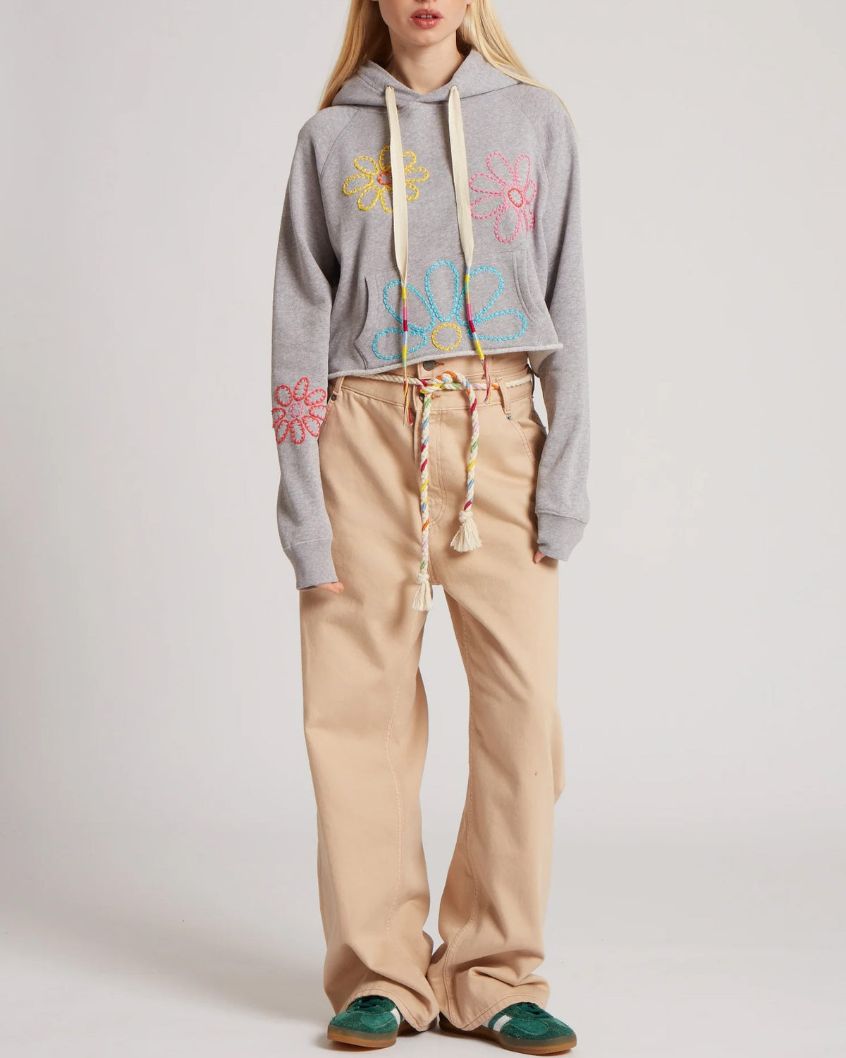 Embroidered Flower Cropped Hoodie | Grey