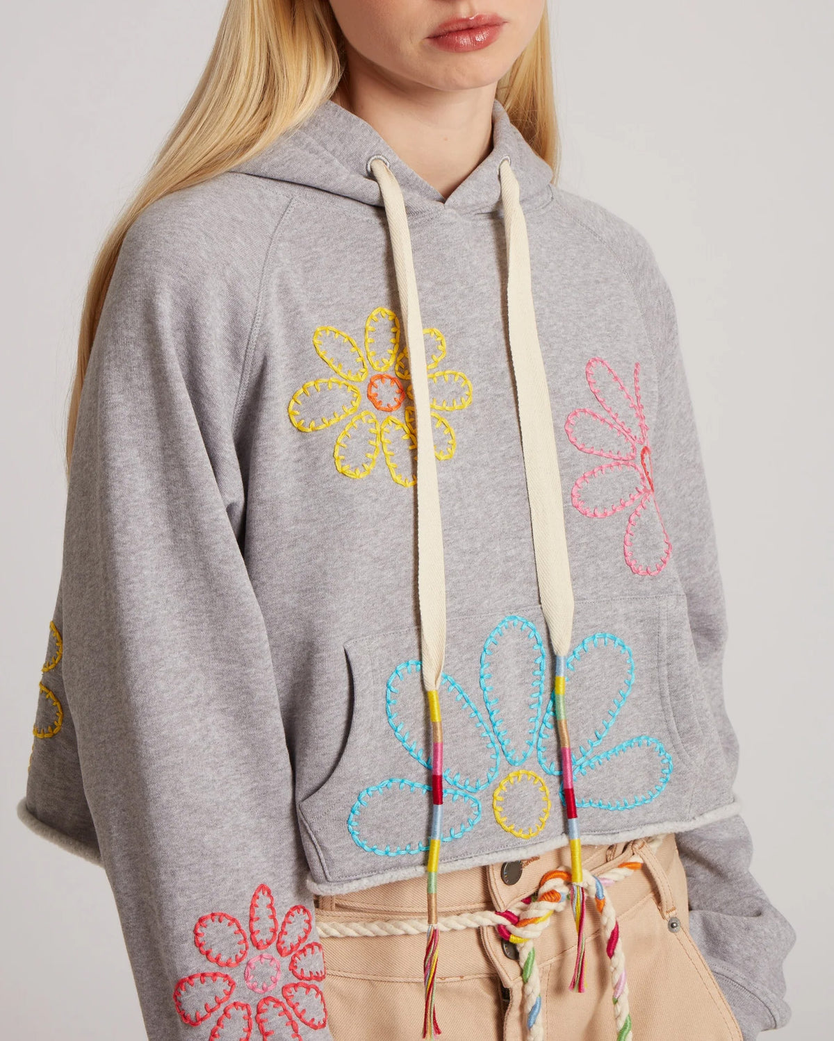 Embroidered Flower Cropped Hoodie | Grey