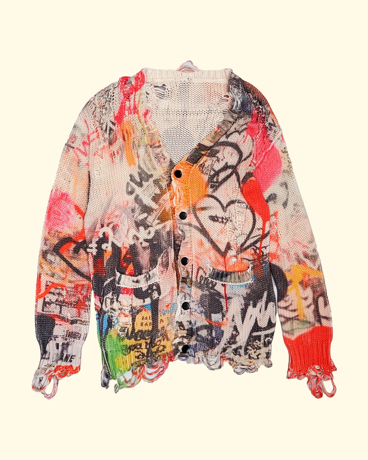 Printed Boyfriend Cardigan | Heart Graffiti Print