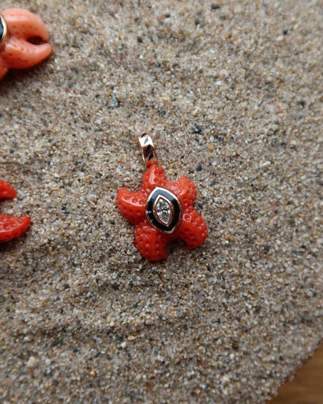 Carved Coral Starfish With Marquise Diamond Charm