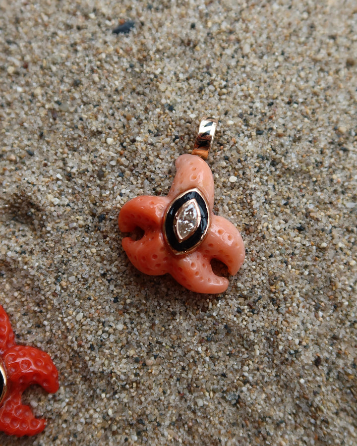 Carved Coral Starfish With Marquise Diamond Charm