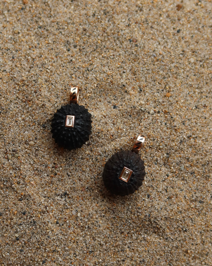 Carved Sea Urchin With Baguette Diamond Charm Petite | Ebony Wood