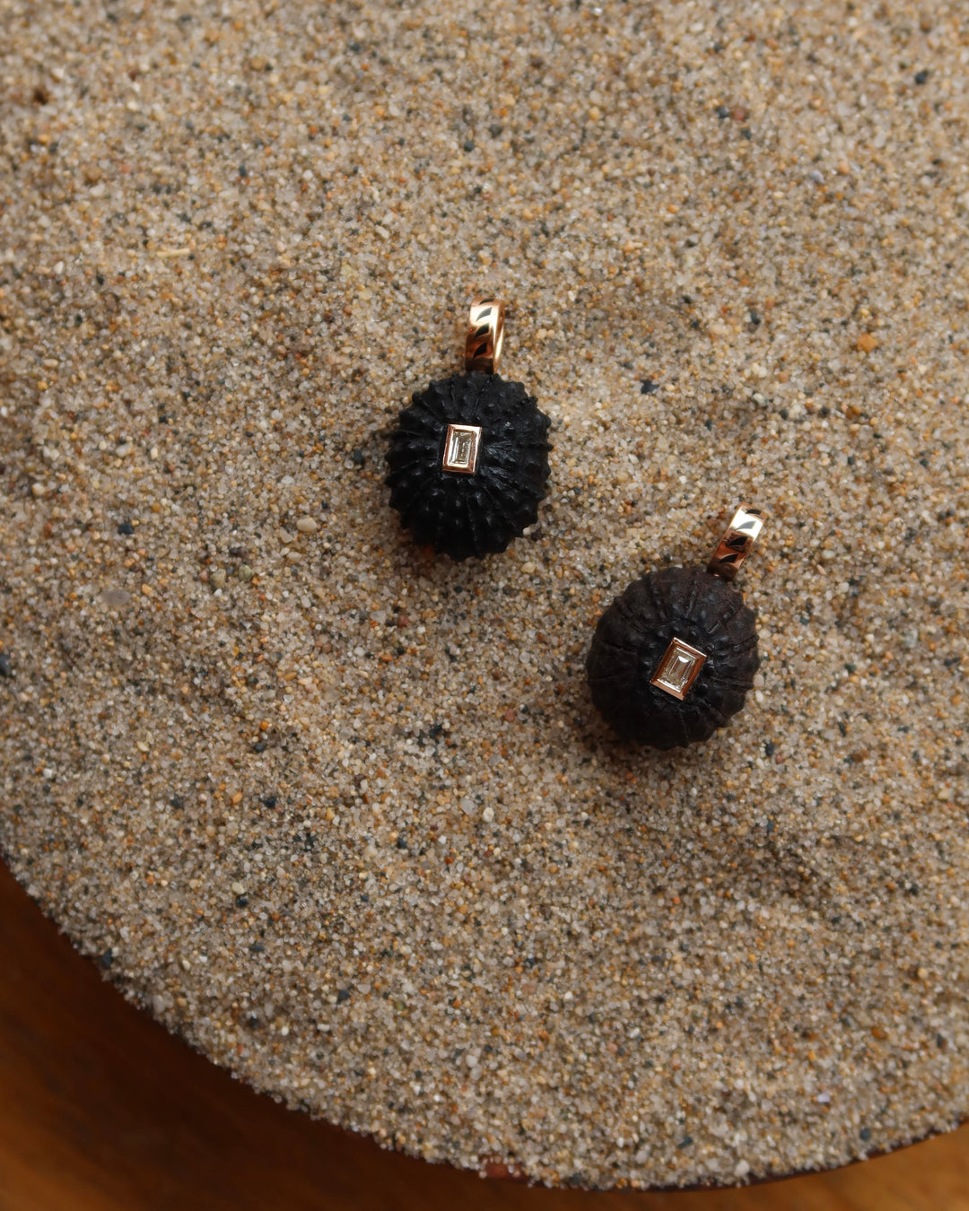 Carved Sea Urchin With Baguette Diamond Charm Petite | Ebony Wood