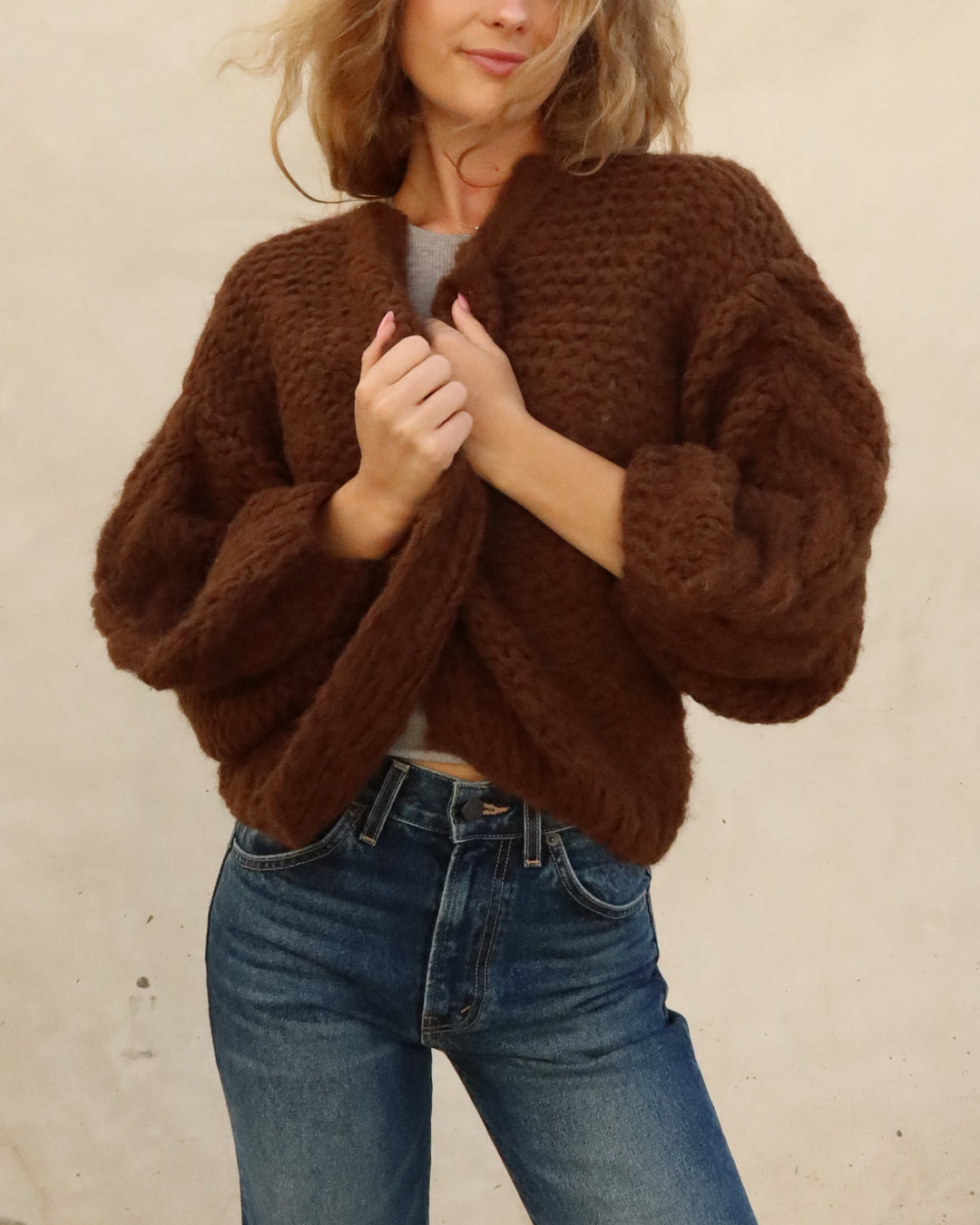 Fleecy Alpaca Cable Bomber | Teddy Brown