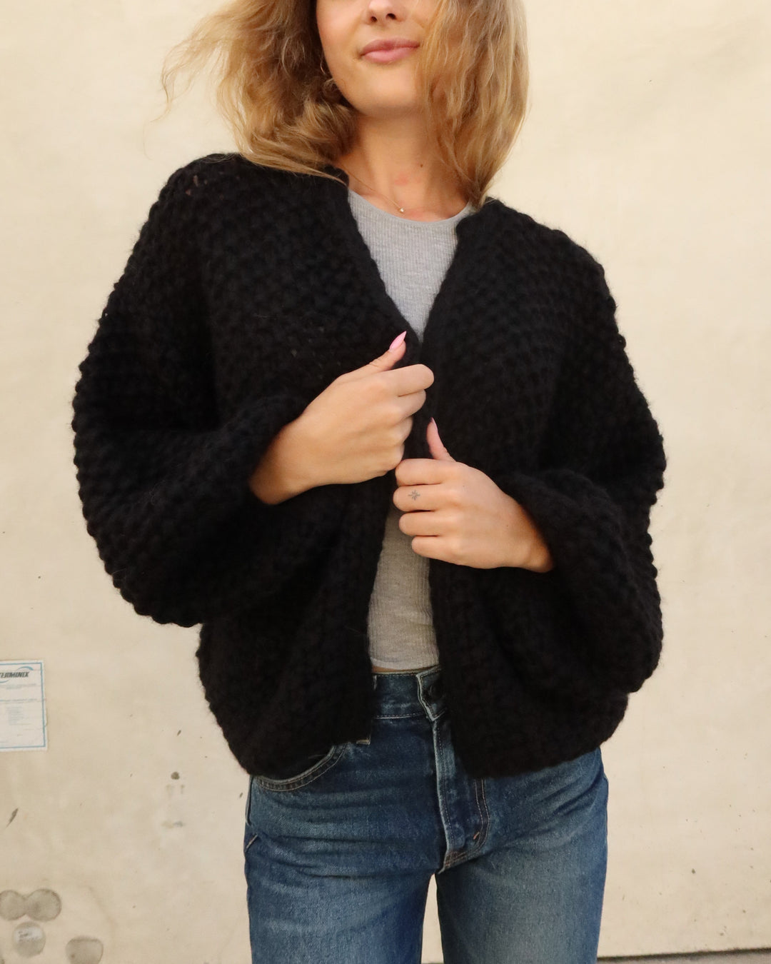 Chunky Alpaca Pearl Bomber Cardigan | Black