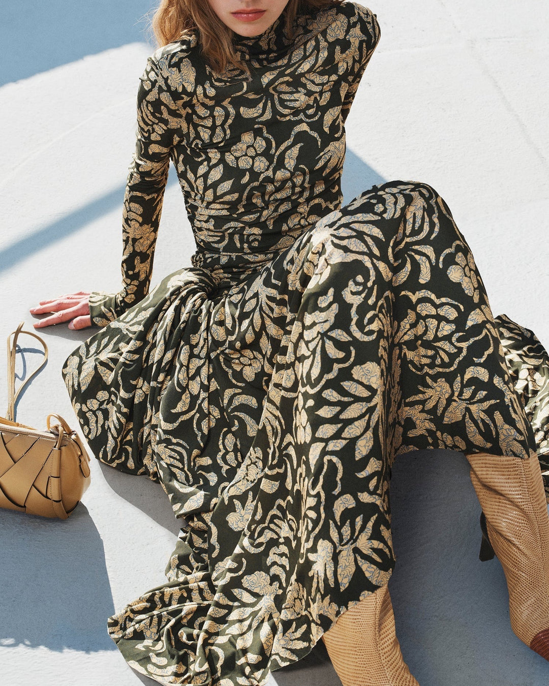 Katy Draped Jersey Dress | Khaki Floral