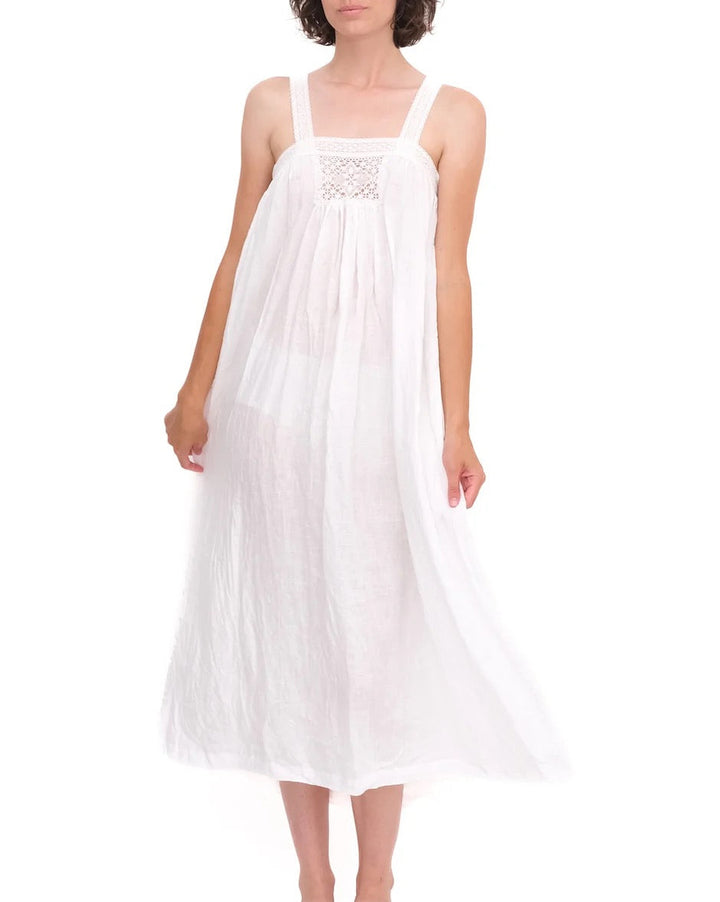 Linen Gathered Slip With Cotton Lace | White
