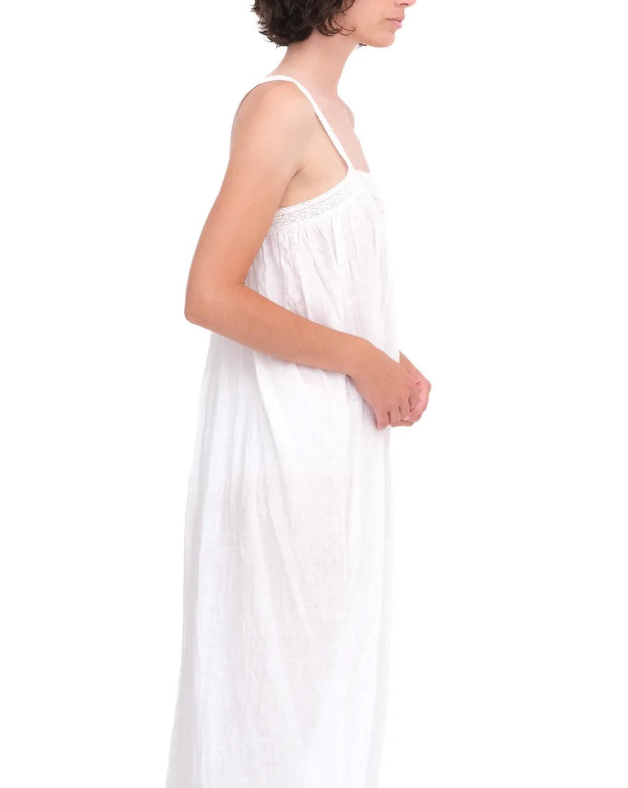 Linen Gathered Slip With Cotton Lace | White