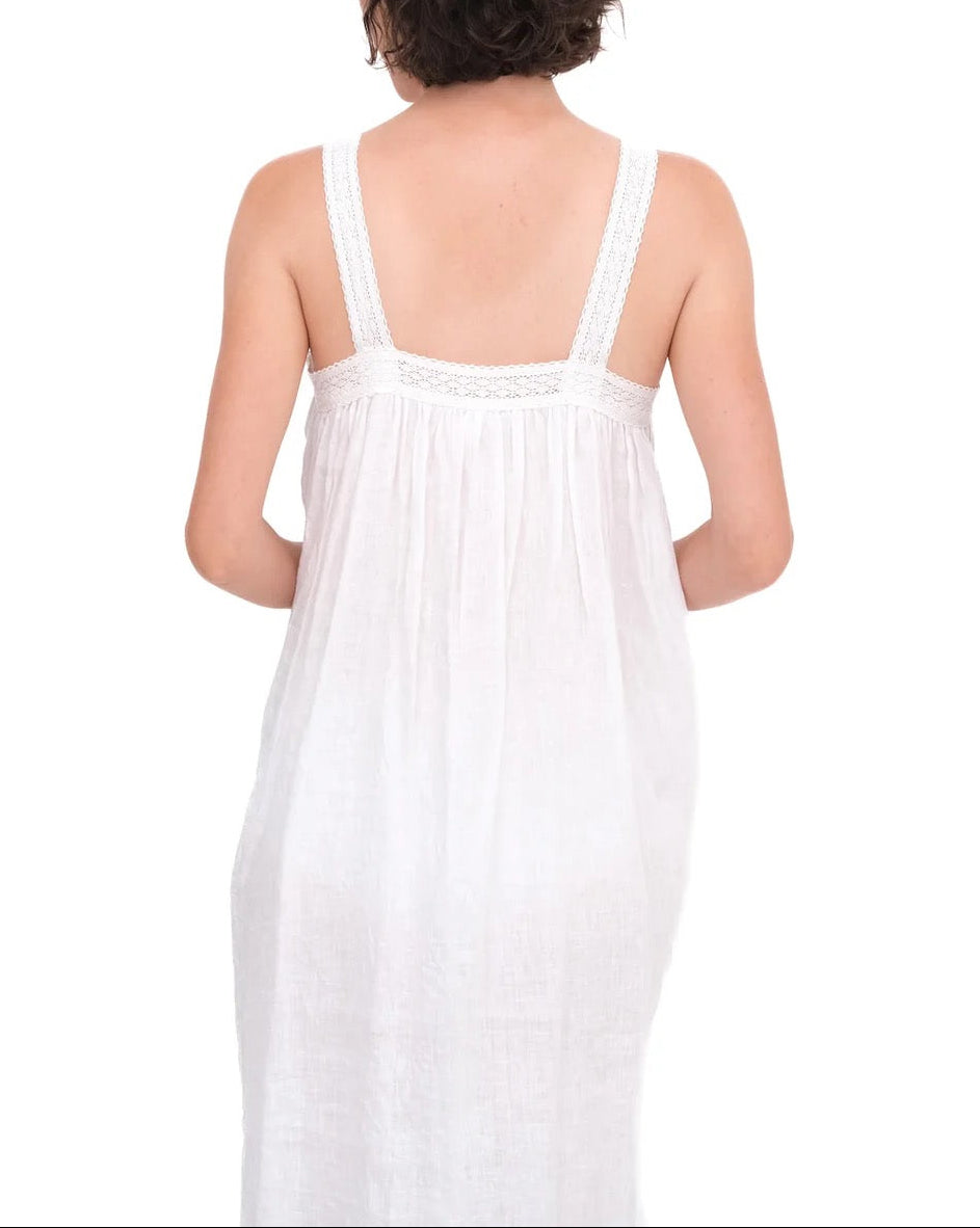 Linen Gathered Slip With Cotton Lace | White