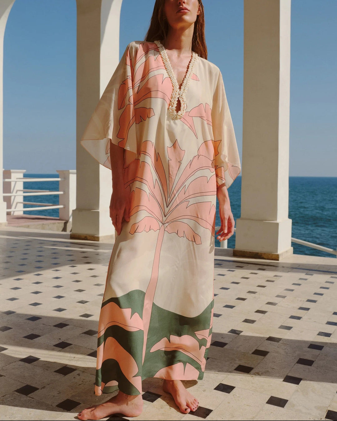 Andina Hand Embroidered Crepe Tunic | Peach Palms