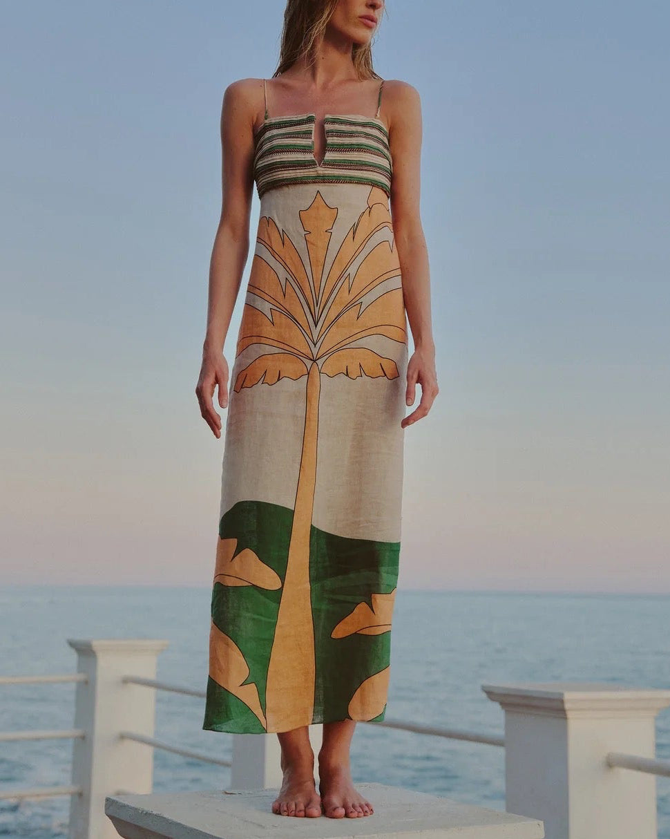 Antigua Linen Midi Dress | Peach Palms