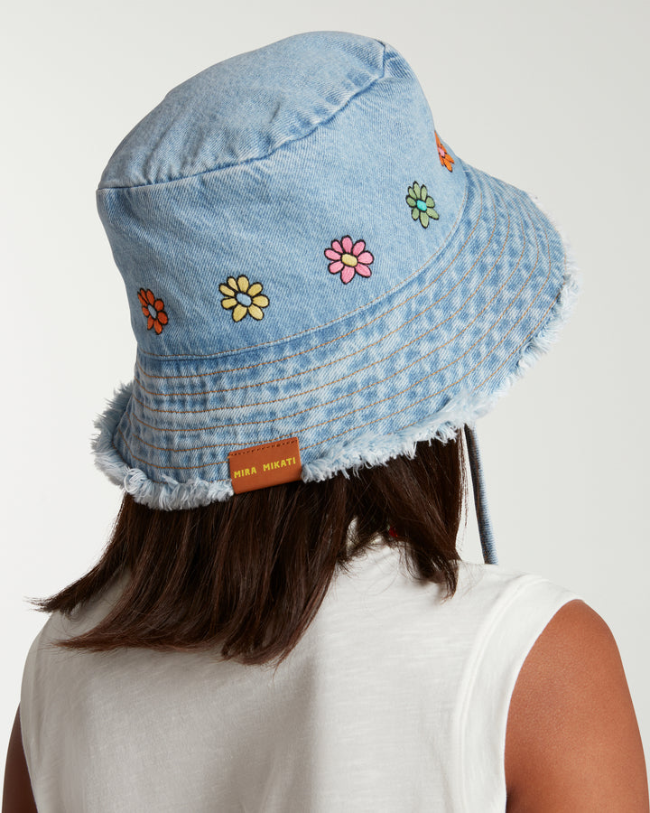 Embroidered Denim Bucket Hat | Light Wash