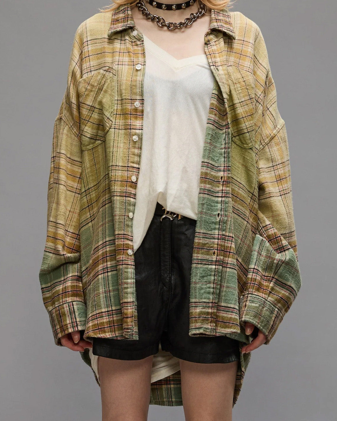 Drop Neck Workshirt | Gradient Bleach Green Plaid