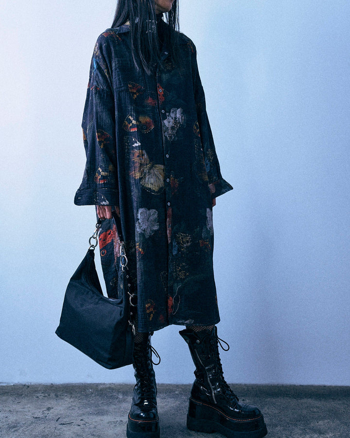 Reversible Jumbo Shirtdress | Black Multicolor Butterflies W Plaid