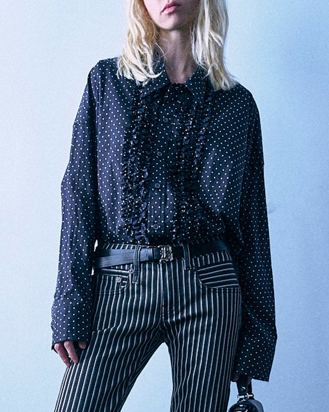 Shredded Seam Ruffle Shirt | Black/White Polka Dot