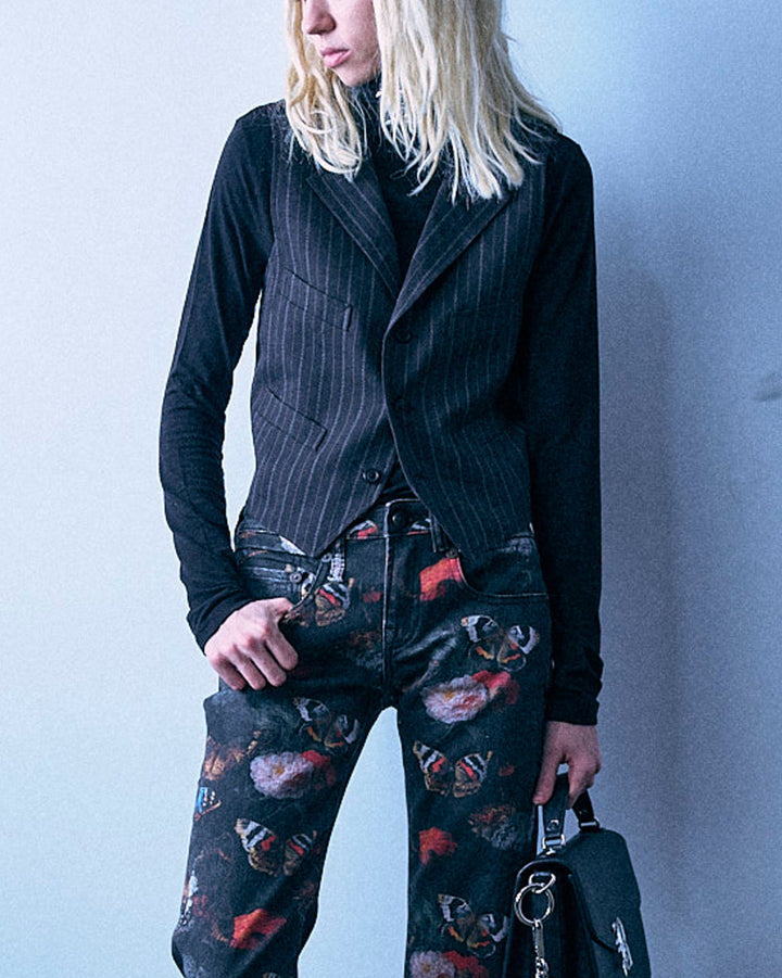 Single Breasted Shrunken Vest | Black Multi Stripe