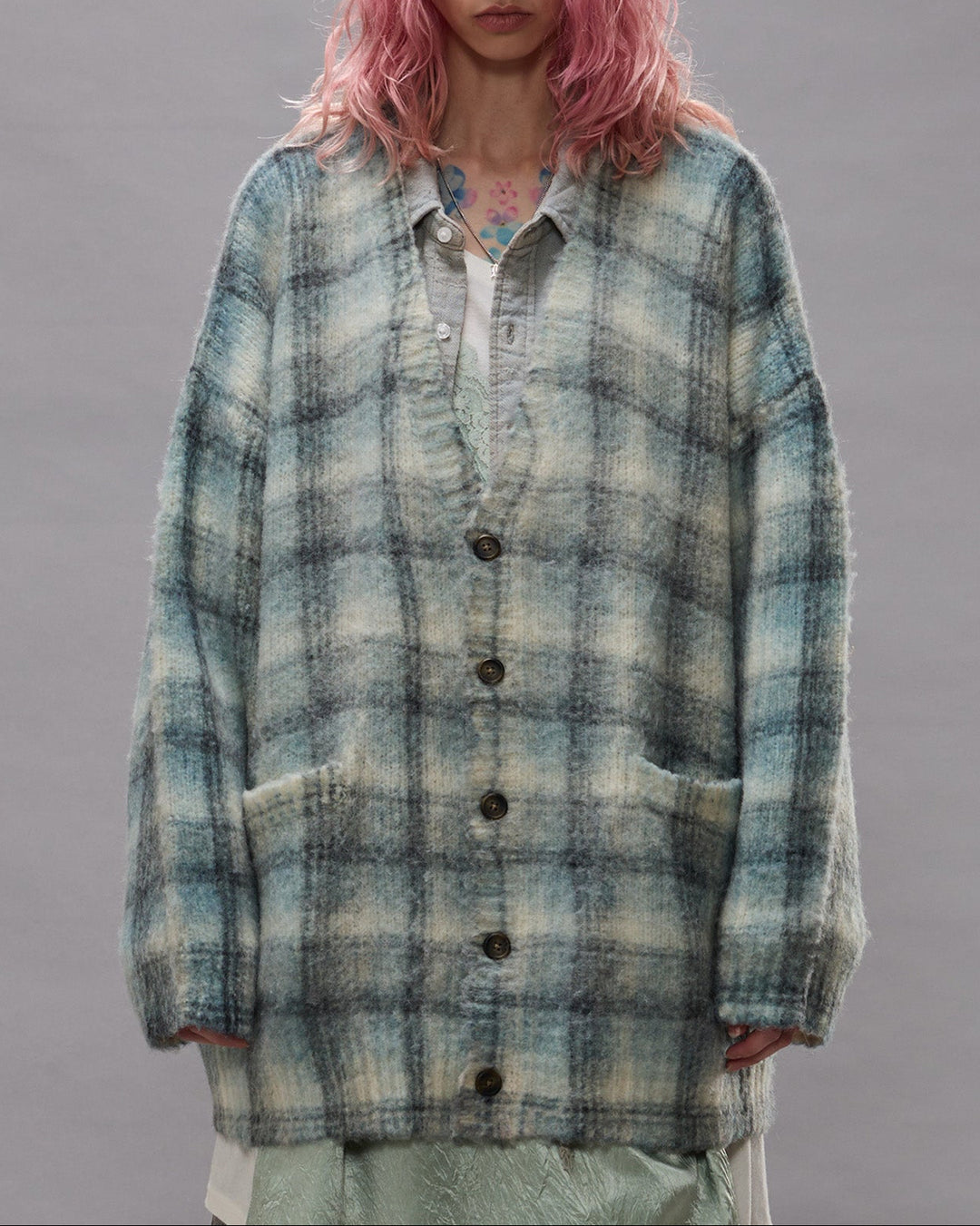 Printed Oversized Cardigan | Blue Plaid