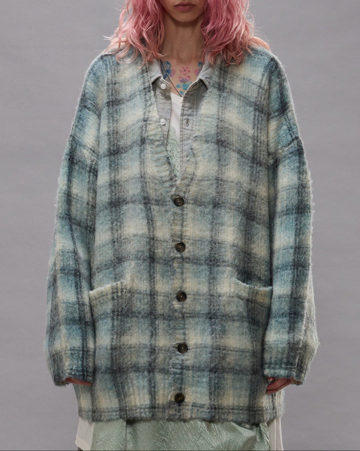 Printed Oversized Cardigan | Blue Plaid