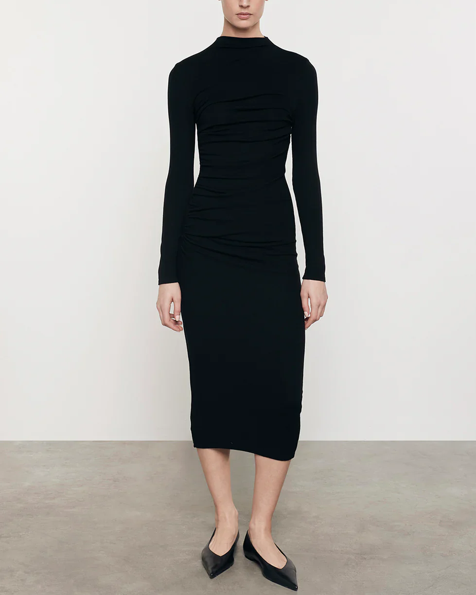 Silk Knit L/S Twist Midi Dress | Black