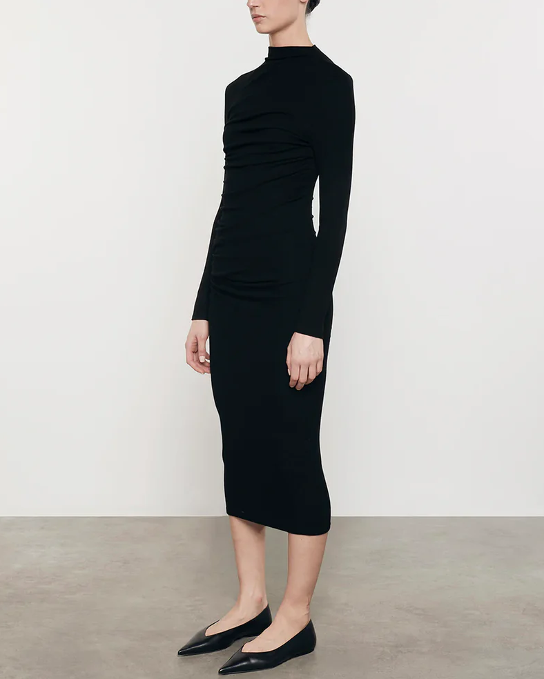 Silk Knit L/S Twist Midi Dress | Black