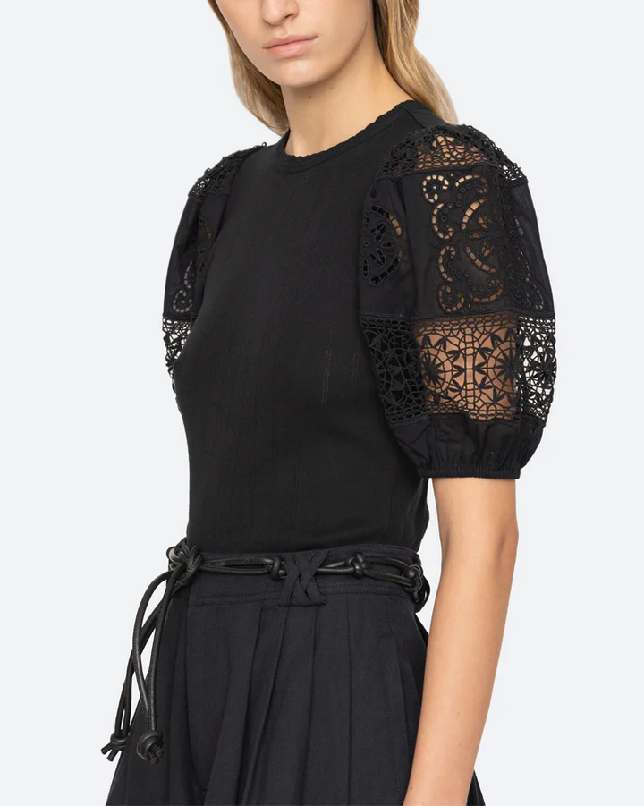 Dahlia Eyelet Combo SLV Tee | Black