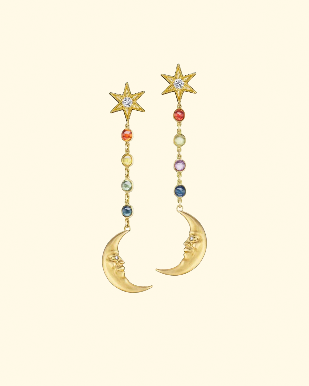 Rainbow Sapphire Crescent Moonface Earrings | YG, Sapphire, Diamond