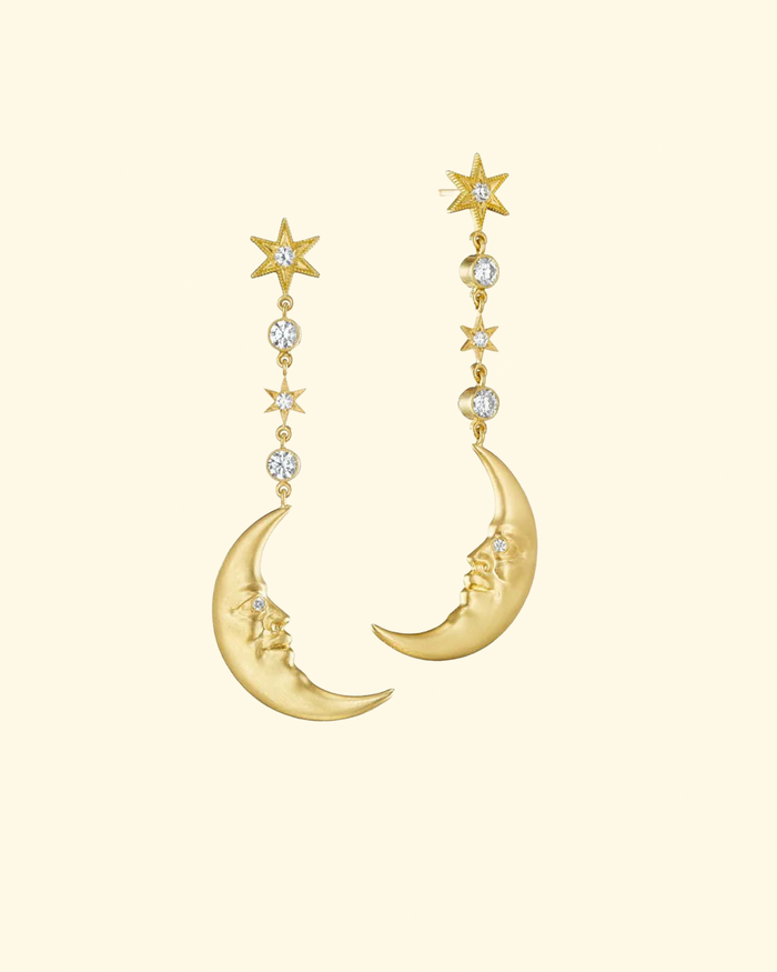 Hanging Crescent Moonface Earrings | Diamond & Yellow Gold