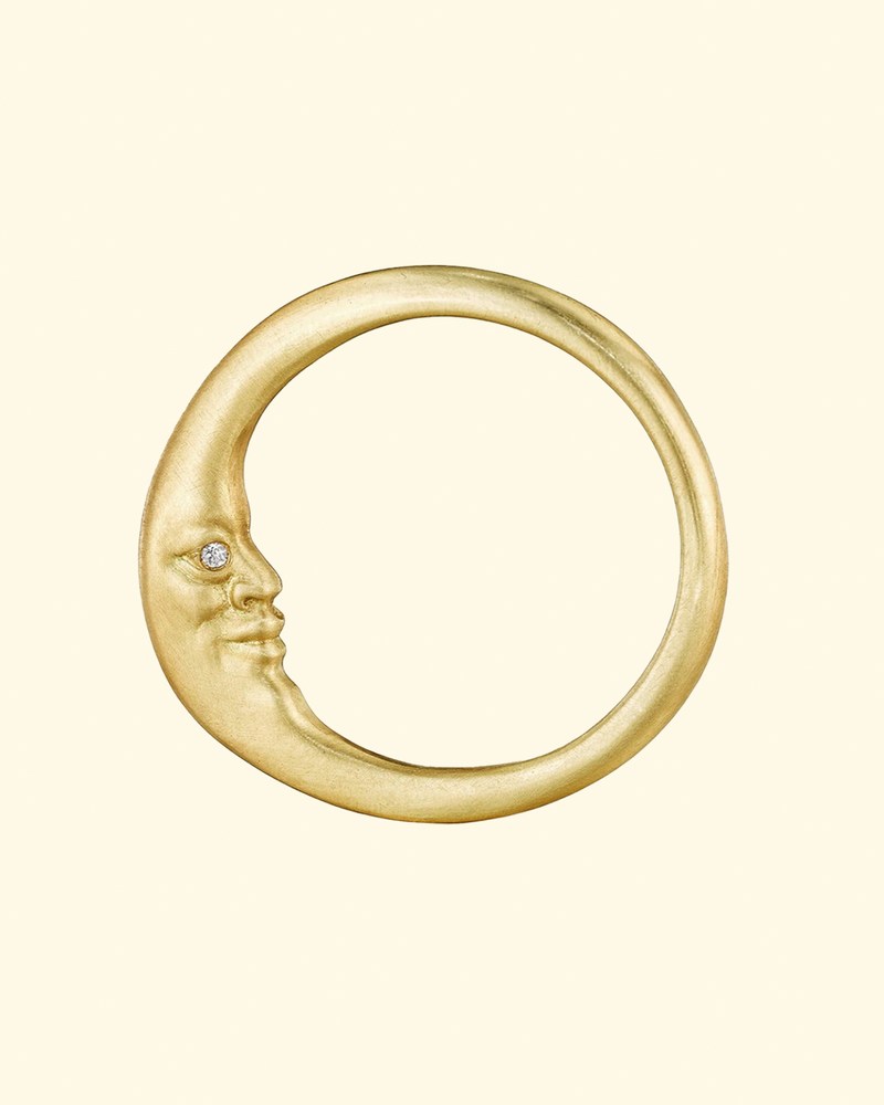 Crescent Moonface Ring with Diamond Eyes