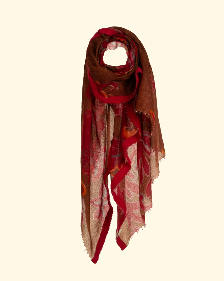 Souffle Print Semi Felted Shawl | Lotus Bloom Reds