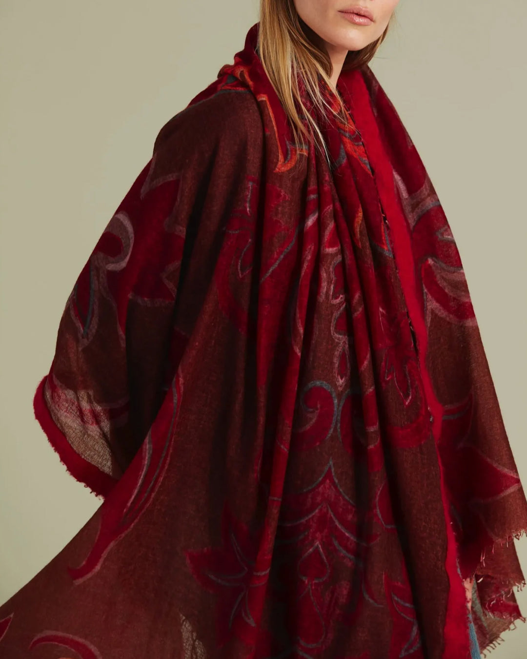 Souffle Print Semi Felted Shawl | Lotus Bloom Reds