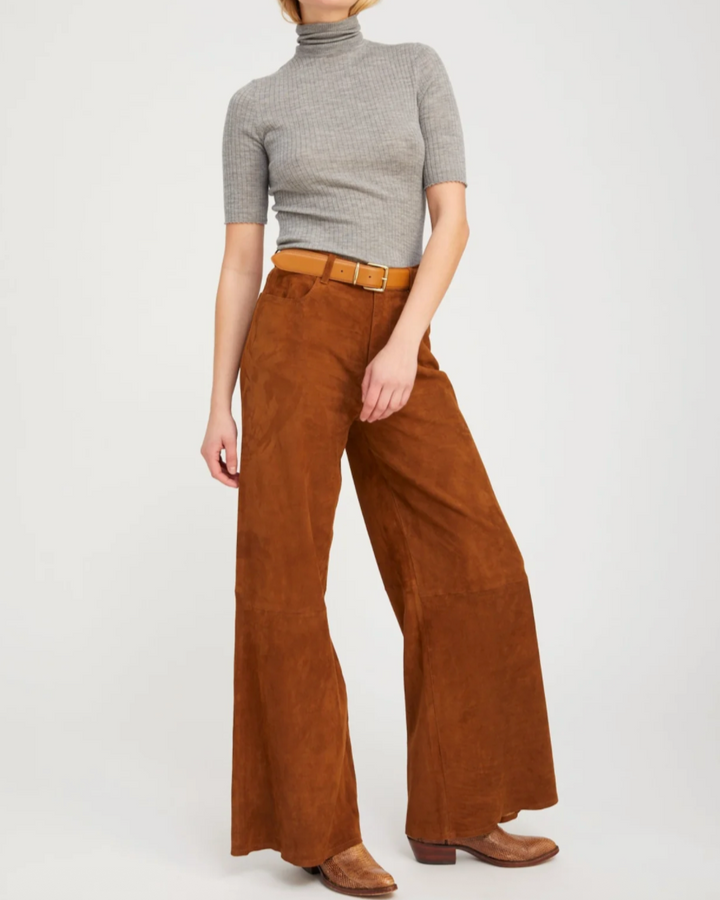 Suede Wide Leg Pant | Dark Cognac