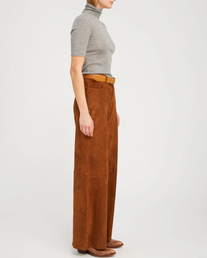 Suede Wide Leg Pant | Dark Cognac