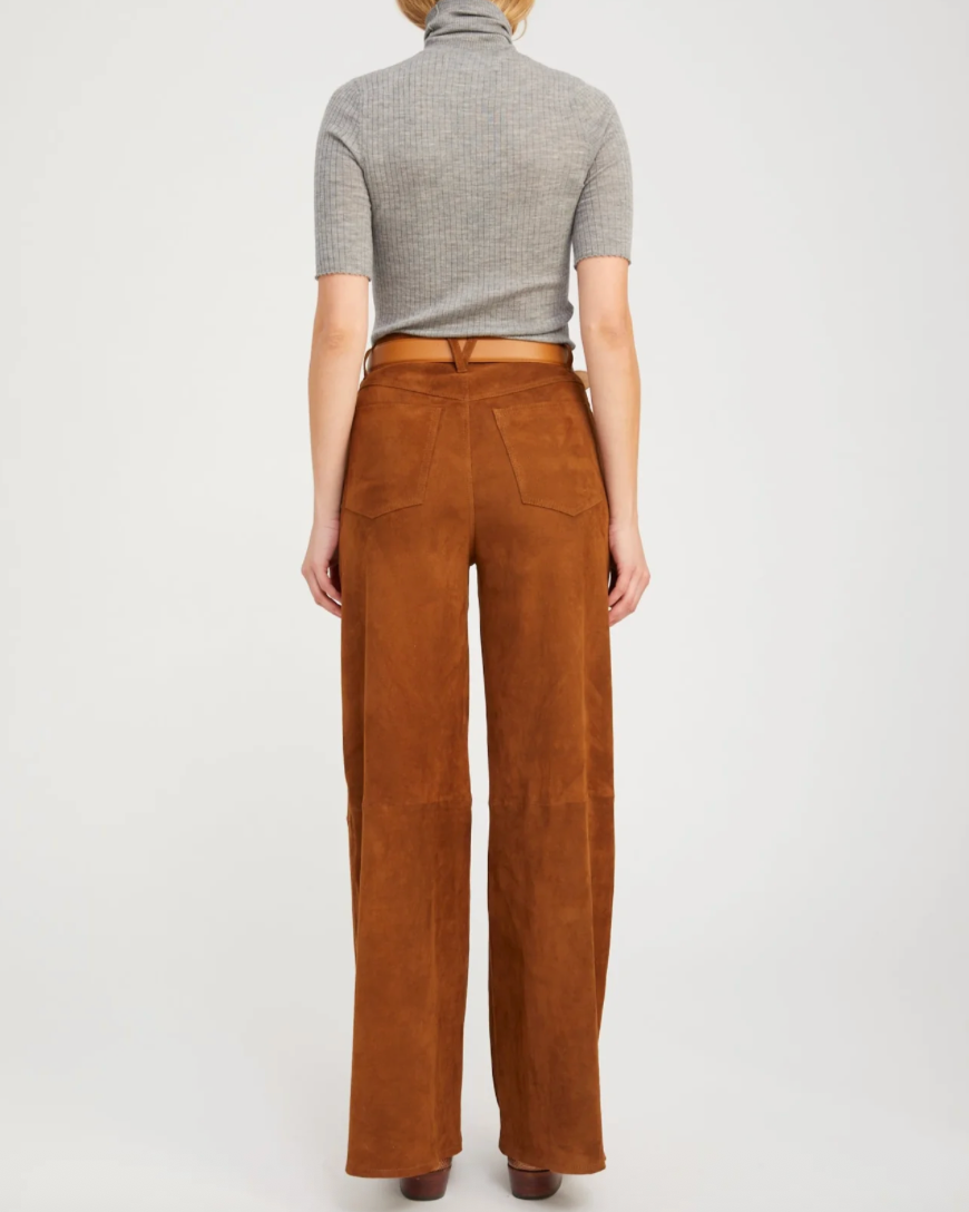 Suede Wide Leg Pant | Dark Cognac