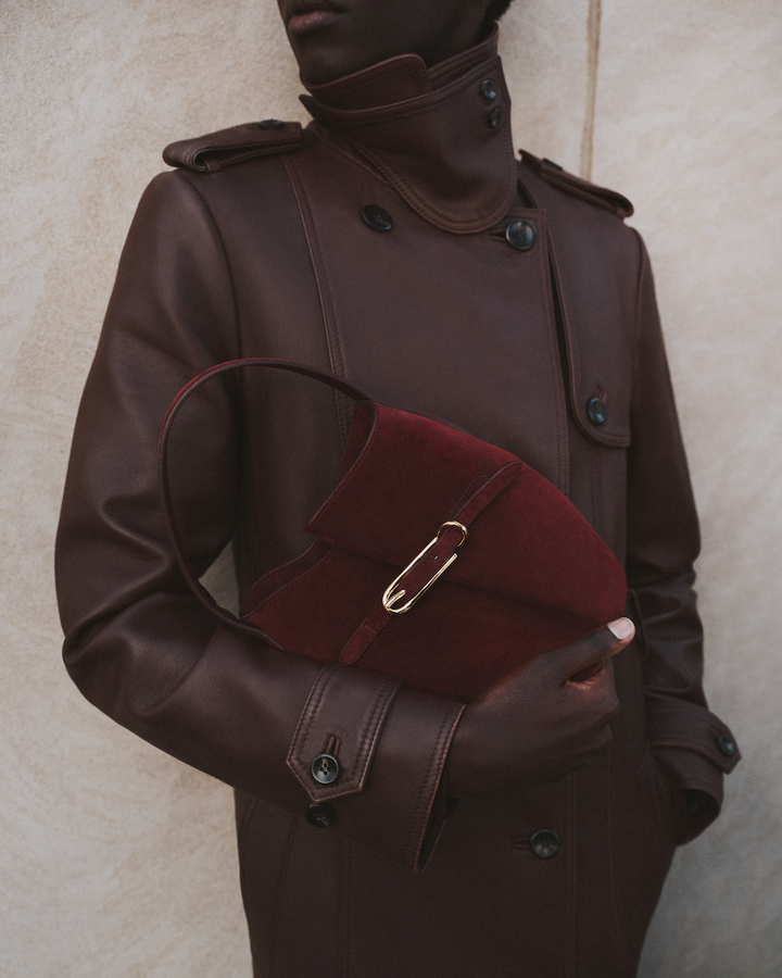 Belted Bucket Bag Mini | Maroon Suede