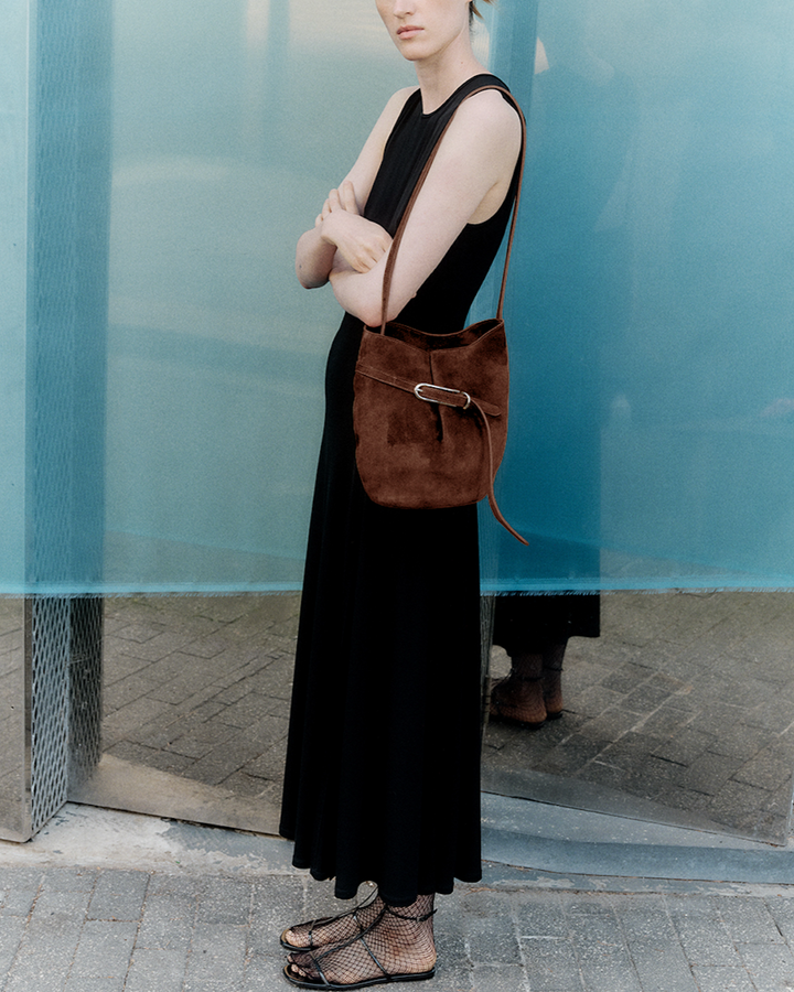 Belted Bucket Bag | Dark Brown Suede
