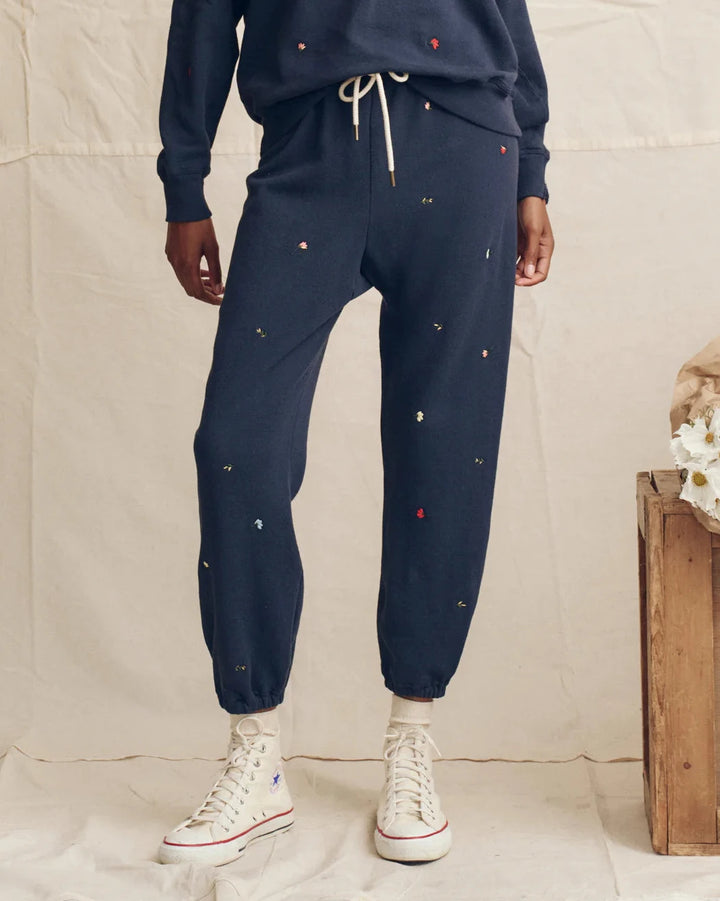 The Stadium Sweatpant | Navy with Tossed Floral Embroidery